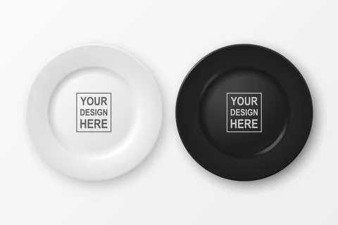 Vector 3d Realistic White and Black Food Empty Blank Porcelain Ceramic Plate Set Stock Illustration