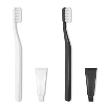 Vector 3d Realistic White and Black Hotel Plastic Blank Toothbrush and Tooth Stock-Illustration