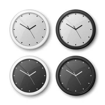 Vector 3d Realistic White and black Wall Office Clock Icon Set Isolated on White Illustrazione stock