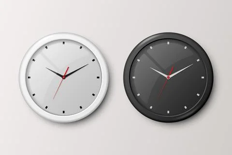 Vector 3d Realistic White and Black Wall Office Clock Set Isolated. White and Stock Illustration