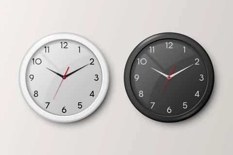 Vector 3d Realistic White and Black Wall Office Clock Set Isolated on White and Stock Illustration