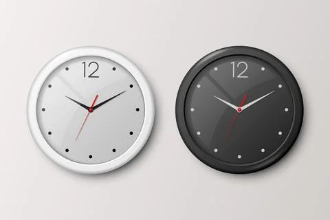 Vector 3d Realistic White and Black Wall Office Clock Set Isolated. White and Stock Illustration