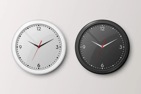 Vector 3d Realistic White and Black Wall Office Clock Set Isolated. White and Stock Illustration