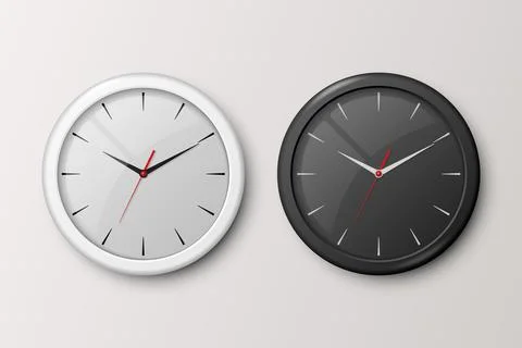 Vector 3d Realistic White and Black Wall Office Clock Set Isolated. White and Stock Illustration