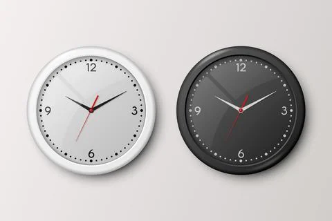Vector 3d Realistic White and Black Wall Office Clock Set Isolated. White and Stock Illustration