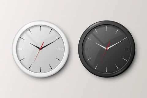 Vector 3d Realistic White and Black Wall Office Clock Set Isolated. White and Stock Illustration