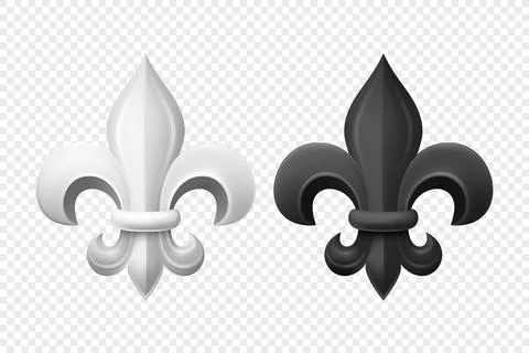 Vector 3d Realistic White and Black Fleur De Lis Set. Heraldic Lily Collection Stock Illustration