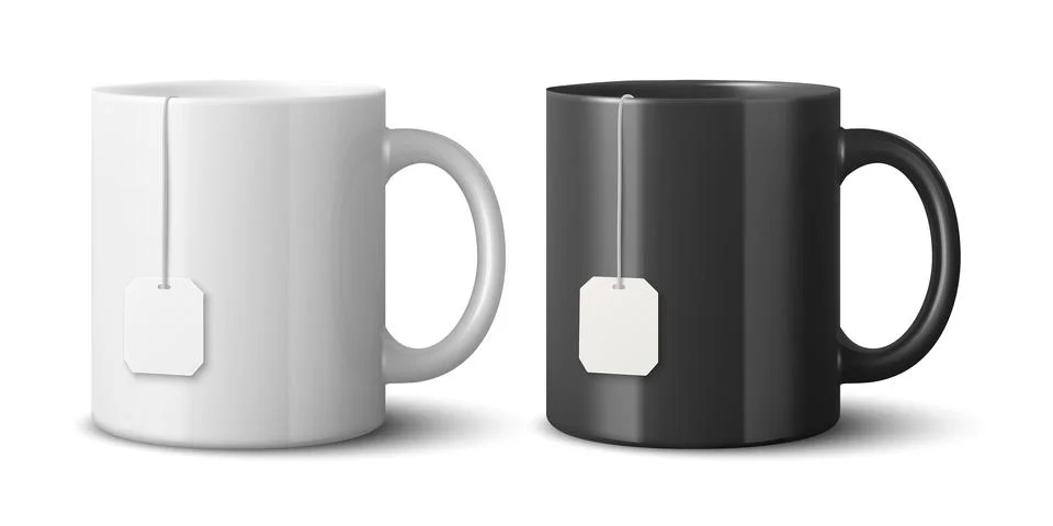 Vector 3D Realistic White and Black Ceramic Mug Set. Tea Cups with Blank Tag Stock Illustration