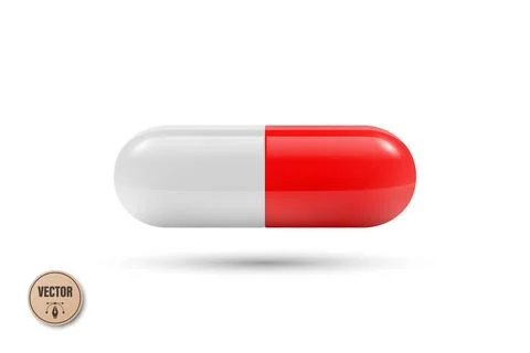 Vector 3d Realistic White and Red Capsule Pill, Isolated. Medicine Capsule Icon Stock-Illustration