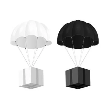 Vector 3d Realistic White, Black Parachute with Paper Cardboard Box Set Isolated Stock Illustration