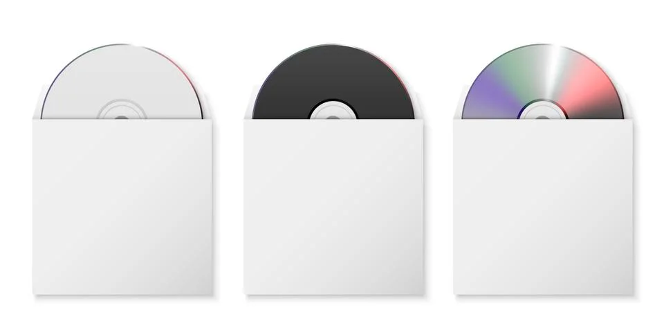 Vector 3d Realistic White, Black and Multicolor CD, DVD in Opened Paper, Plastic Stock Illustration