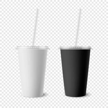 Vector 3d Realistic White, Black Paper Disposable Cup Set with Lid, Straw for Illustrazione stock