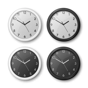 Vector 3d Realistic White, Black Wall Office Clock Icon Set Isolated. White Dial Stock Illustration