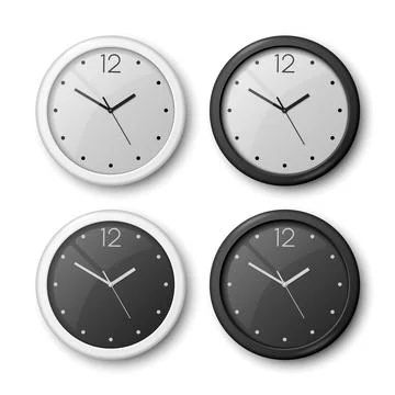 Vector 3d Realistic White, Black Wall Office Clock Icon Set Isolated. White Dial Stock Illustration