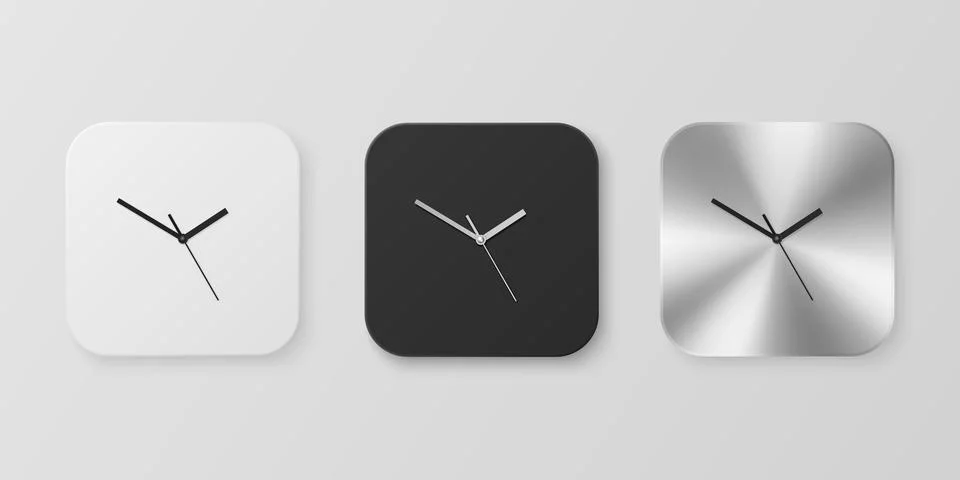 Vector 3d Realistic White, Black and Slver or Chrome Steel Wall Office Clock Stock Illustration