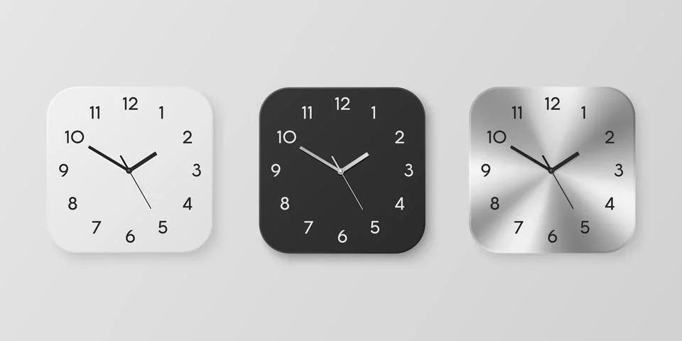 Vector 3d Realistic White, Black and Slver or Chrome Steel Wall Office Clock Stock Illustration