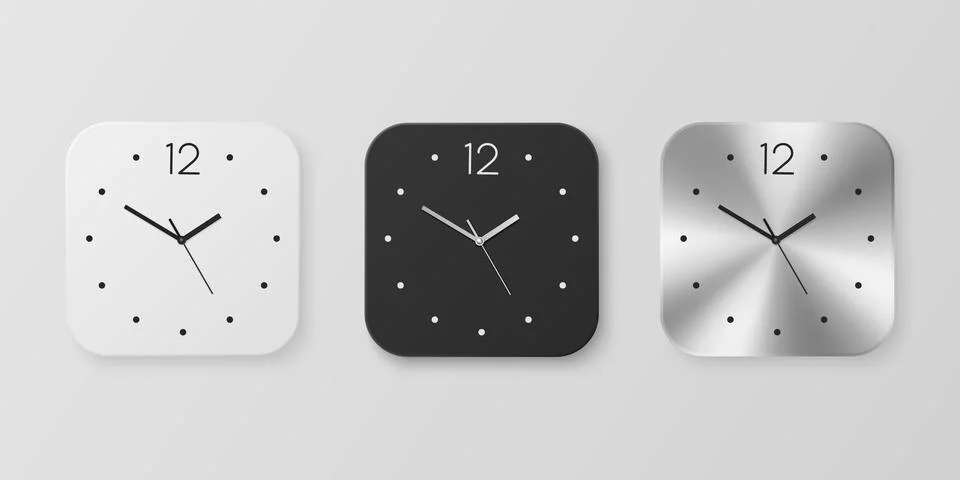 Vector 3d Realistic White, Black and Slver or Chrome Steel Wall Office Clock 스톡 일러스트