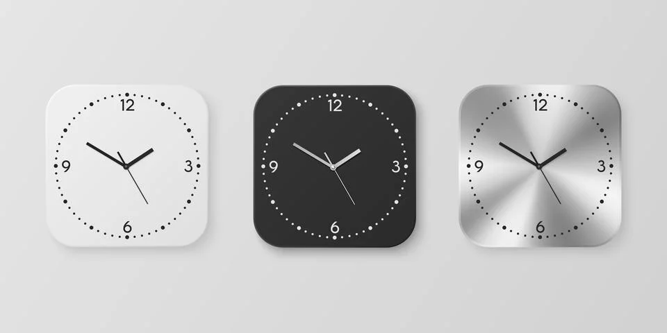 Vector 3d Realistic White, Black and Slver or Chrome Steel Wall Office Clock Stock Illustration