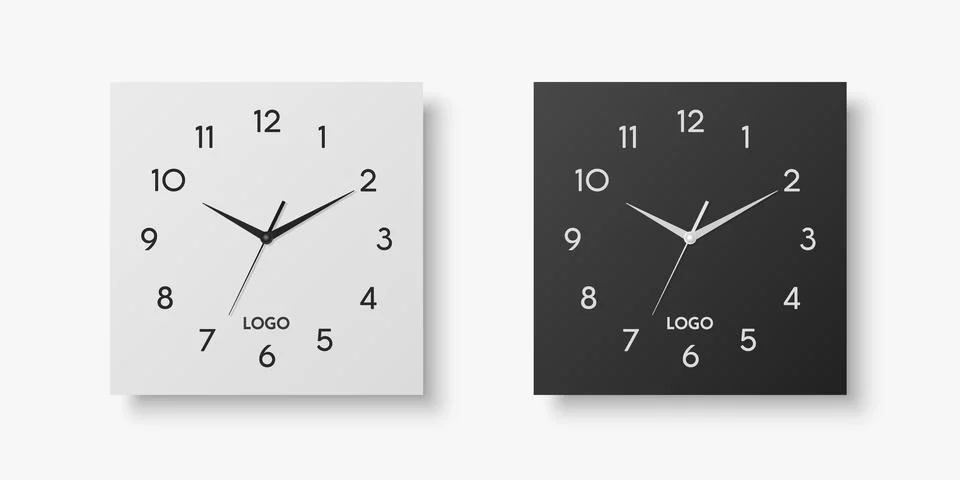 Vector 3d Realistic White, Black Square Wall Office Clock Set, Design Template Stock Illustration