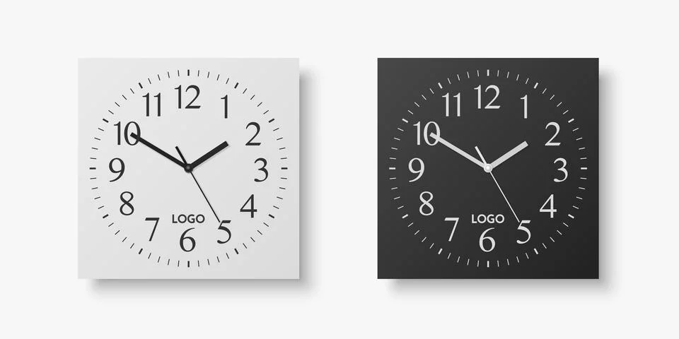 Vector 3d Realistic White, Black Square Wall Office Clock Set, Design Template Stock Illustration