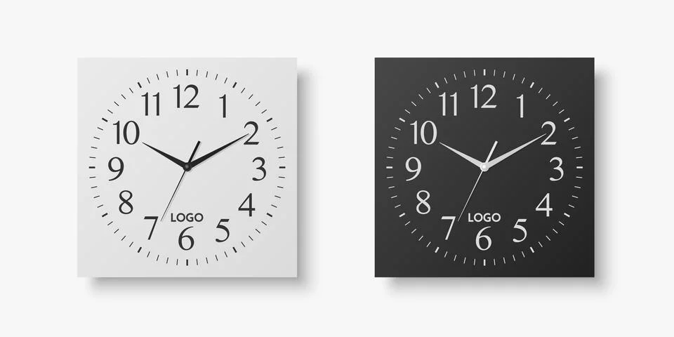 Vector 3d Realistic White, Black Square Wall Office Clock Set, Design Template Stock Illustration