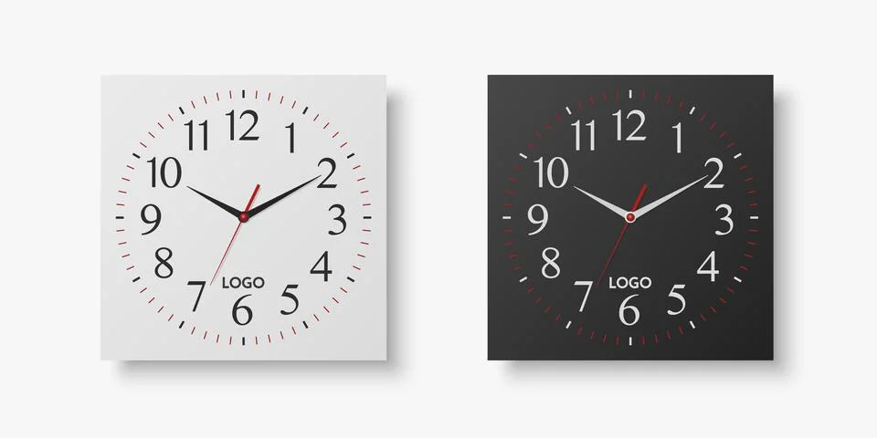 Vector 3d Realistic White, Black Square Wall Office Clock Set, Design Template Illustrazione stock