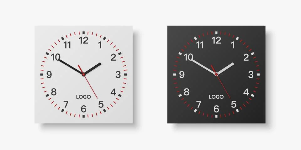 Vector 3d Realistic White, Black Square Wall Office Clock Set, Design Template イラスト素材