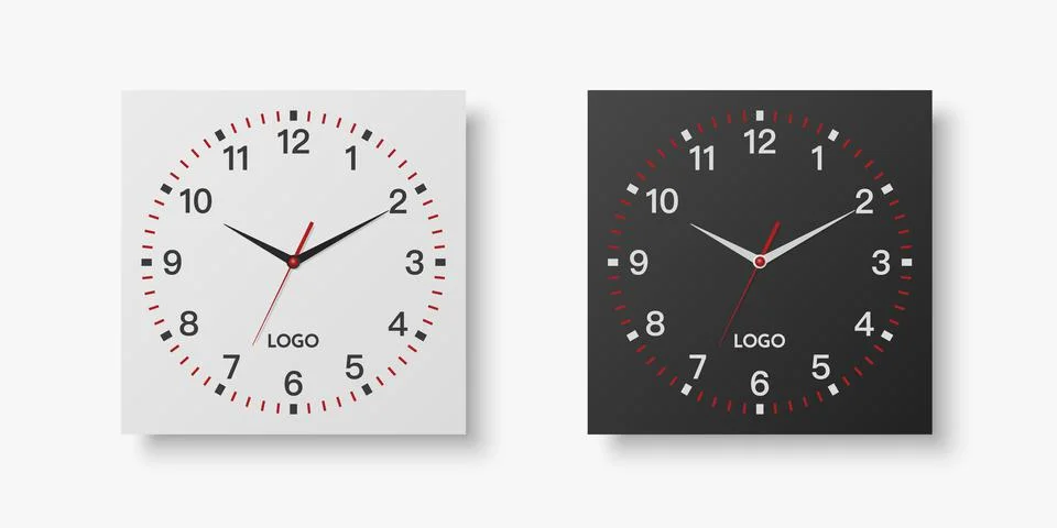 Vector 3d Realistic White, Black Square Wall Office Clock Set, Design Template Stock Illustration