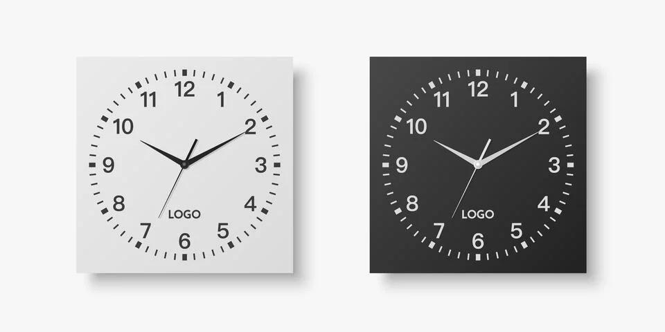 Vector 3d Realistic White, Black Square Wall Office Clock Set, Design Template Stock Illustration
