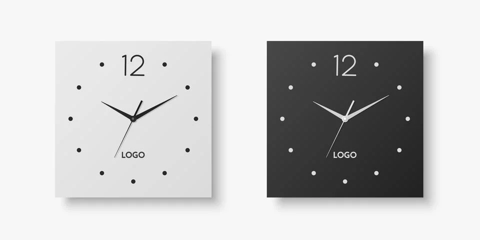 Vector 3d Realistic White, Black Square Wall Office Clock Set, Design Template Stock Illustration