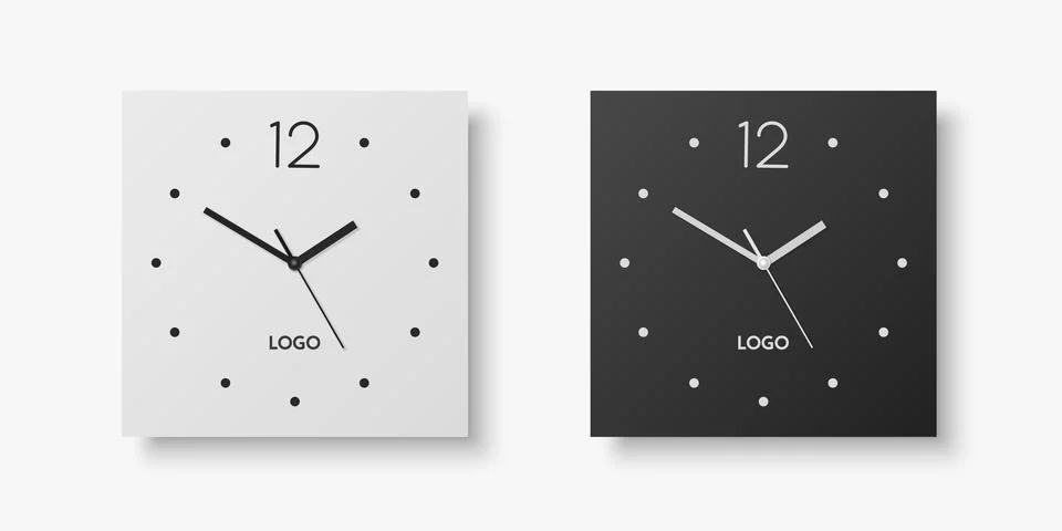 Vector 3d Realistic White, Black Square Wall Office Clock Set, Design Template Illustrazione stock