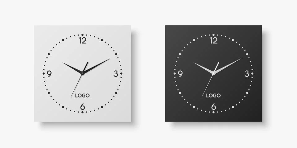 Vector 3d Realistic White, Black Square Wall Office Clock Set, Design Template Stock Illustration