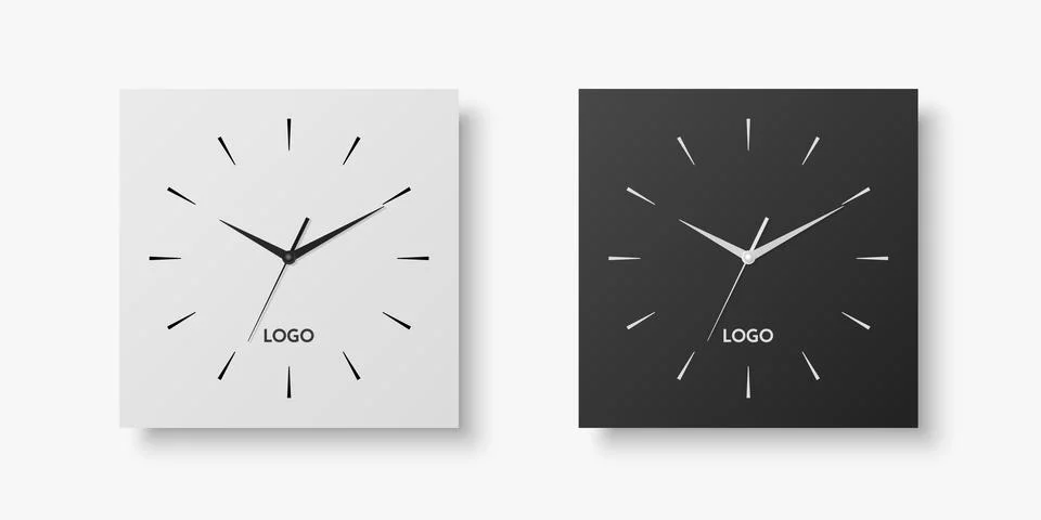 Vector 3d Realistic White, Black Square Wall Office Clock Set, Design Template イラスト素材
