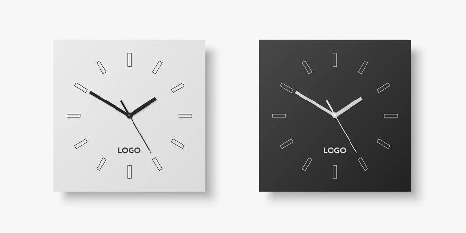 Vector 3d Realistic White, Black Square Wall Office Clock Set, Design Template Stock Illustration