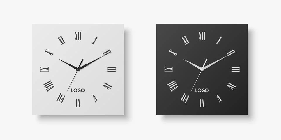 Vector 3d Realistic White, Black Square Wall Office Clock Set, Design Template Stock Illustration