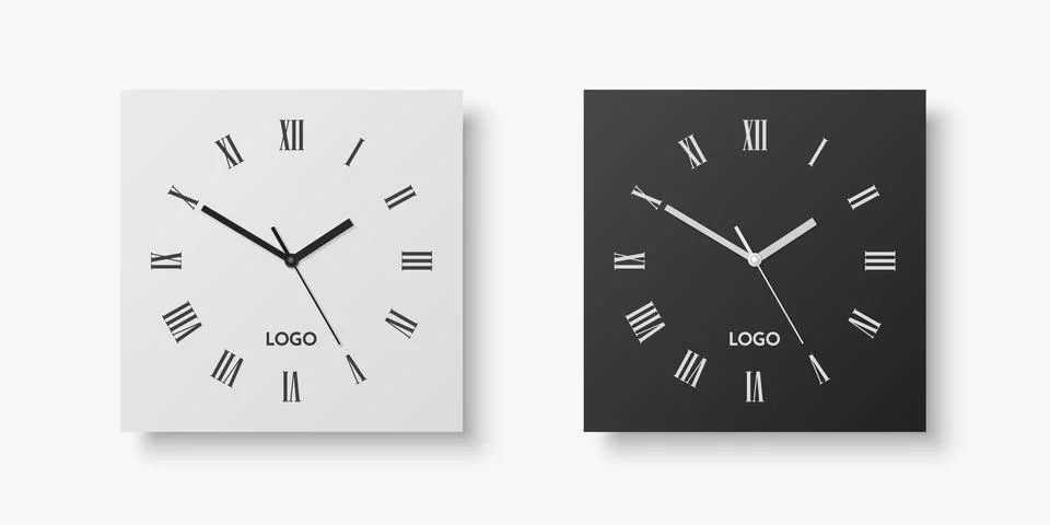 Vector 3d Realistic White, Black Square Wall Office Clock Set, Design Template Stock Illustration