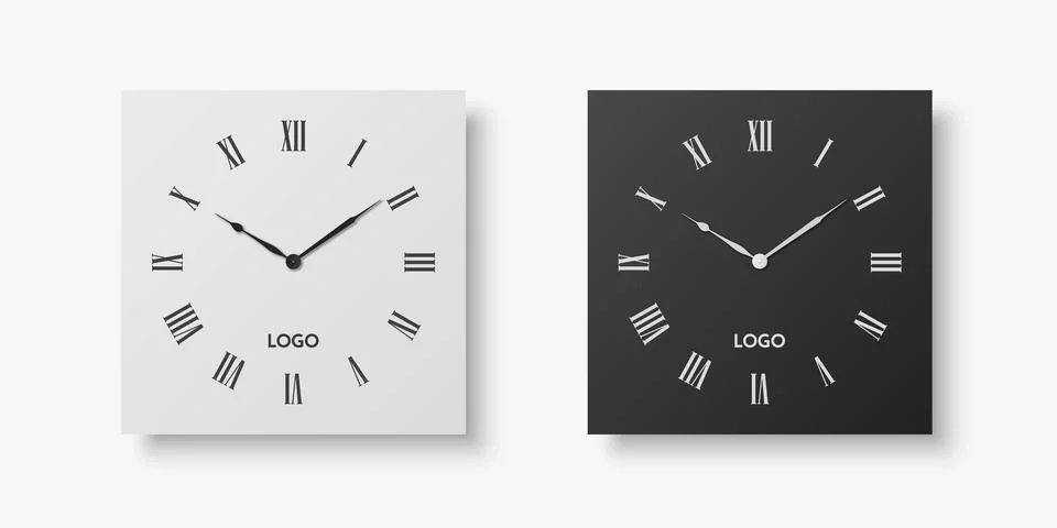 Vector 3d Realistic White, Black Square Wall Office Clock Set, Design Template Illustrazione stock