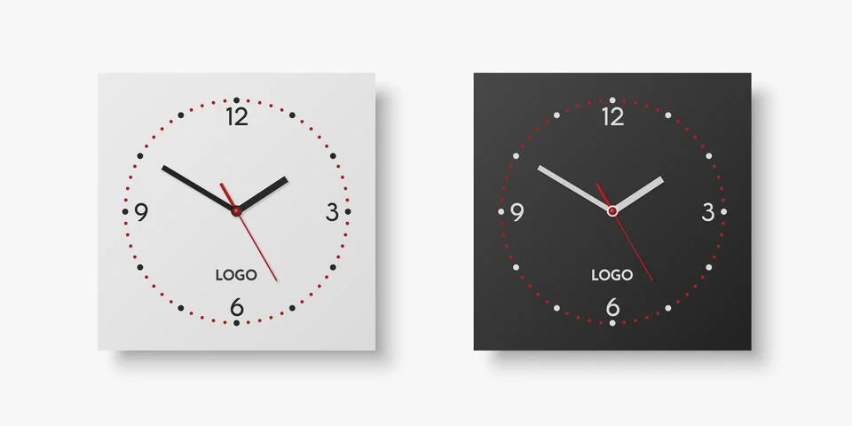 Vector 3d Realistic White, Black Square Wall Office Clock Set, Design Template Stock Illustration