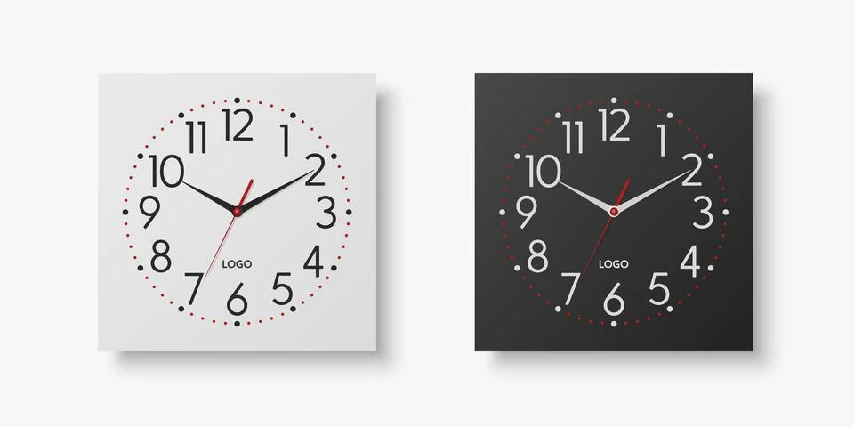 Vector 3d Realistic White, Black Square Wall Office Clock Set, Design Template Stock Illustration