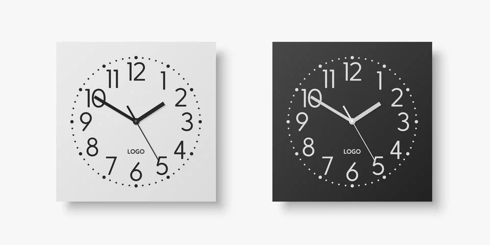 Vector 3d Realistic White, Black Square Wall Office Clock Set, Design Template Stock Illustration