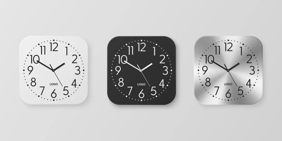 Vector 3d Realistic White, Black, Silver Square Wall Office Clock Icon Set Stock Illustration