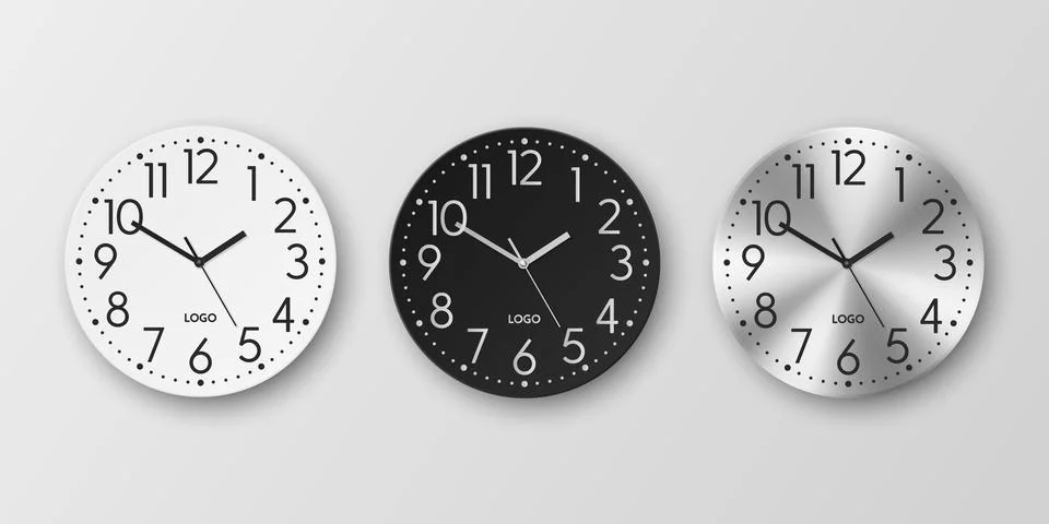 Vector 3d Realistic White, Black, Silver Round Wall Office Clock Icon Set Stock Illustration