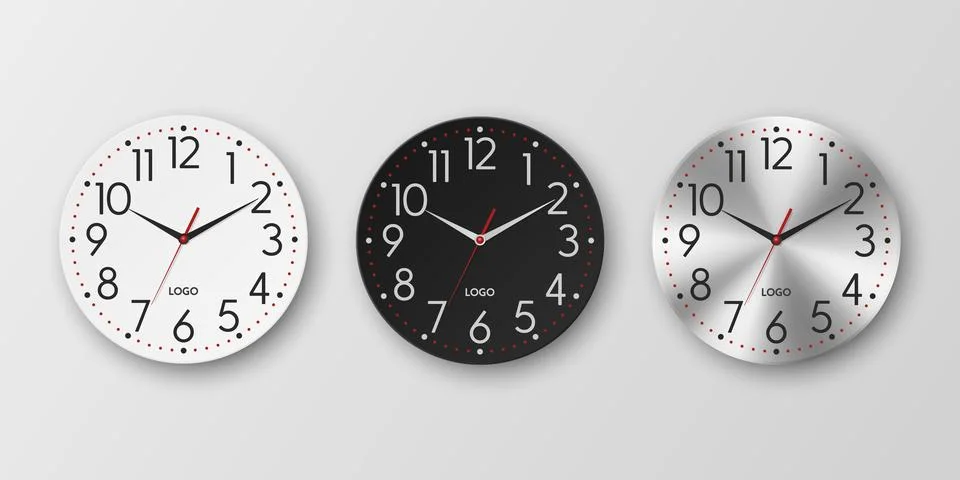 Vector 3d Realistic White, Black, Silver Round Wall Office Clock Icon Set Stock Illustration
