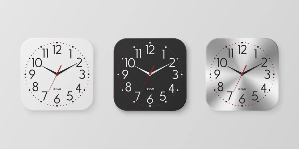 Vector 3d Realistic White, Black, Silver Square Wall Office Clock Icon Set イラスト素材