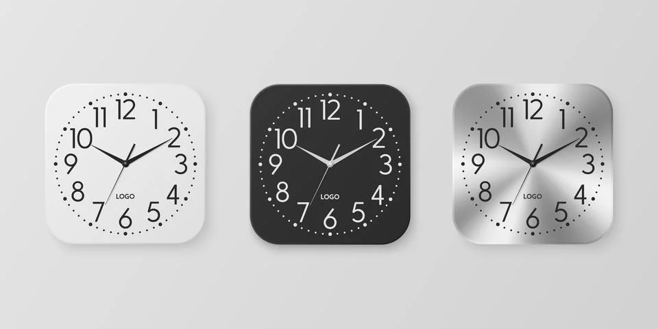 Vector 3d Realistic White, Black, Silver Square Wall Office Clock Icon Set 스톡 일러스트