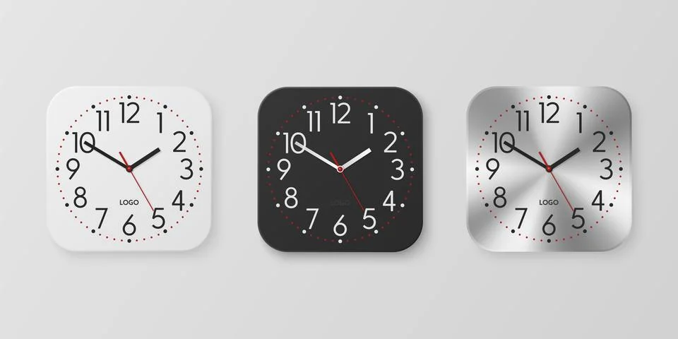 Vector 3d Realistic White, Black, Silver Square Wall Office Clock Icon Set Stock Illustration