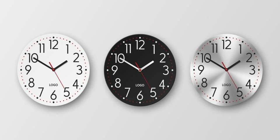 Vector 3d Realistic White, Black, Silver Round Wall Office Clock Icon Set イラスト素材