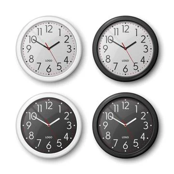 Vector 3d Realistic White, Black, Round Wall Office Clock Icon Set, Design 스톡 일러스트