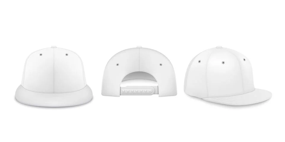Vector 3d Realistic White Blank Baseball Cap, Snapback Cap Icon Set Closeup Illustrazione stock