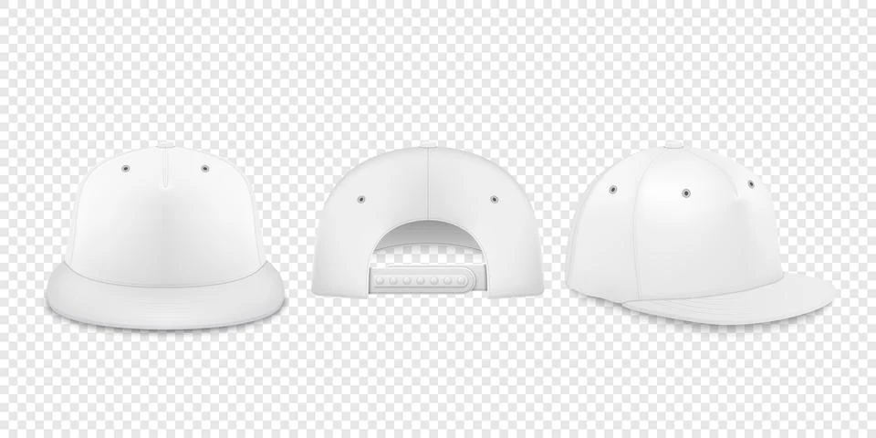 Vector 3d Realistic White Blank Baseball Cap, Snapback Cap Icon Set Closeup Illustrazione stock